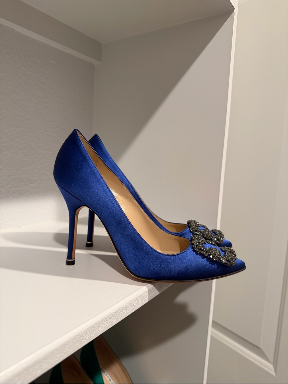 Royal Blue Satin Pointed-Toe Crystal-Embellished Pumps